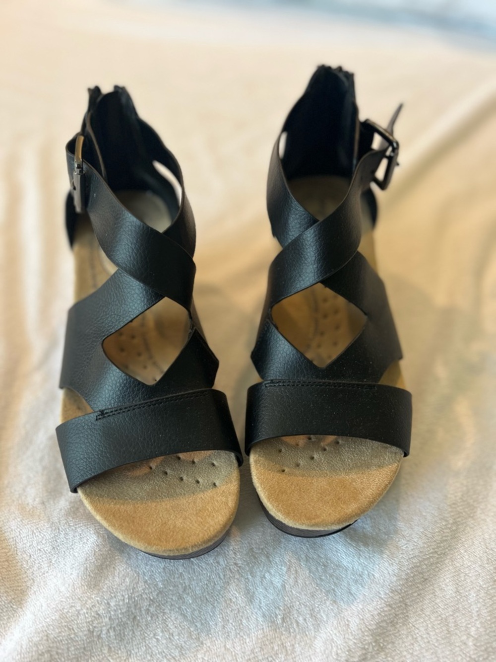 easy street Black Crisscross Wedge Sandals